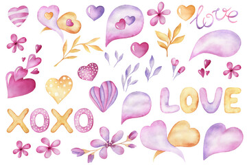 Watercolor hand painted holiday illustrations. Set of festival elements. Love hearts and decorative purple flowers for Valentine's day card making.