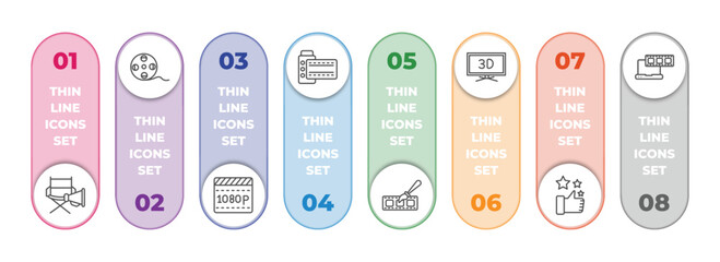 cinema infographic element with outline icons and 8 step or option. cinema icons such as film director, movie roll, 1080p full hd, camera roll, animation, 3d television, thumb up with star, laptop