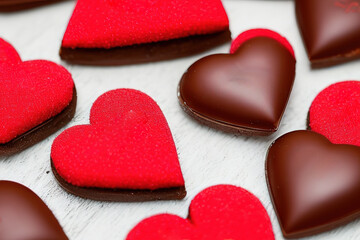 Fototapeta na wymiar heart-shaped chocolates wrapped in red foil. Valentine's Day