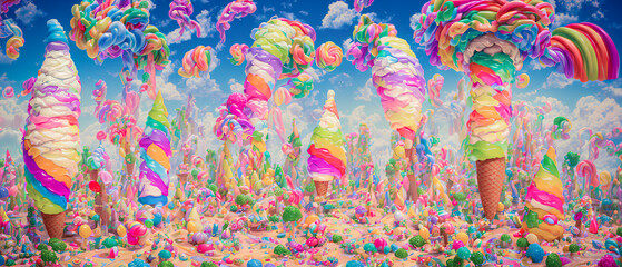 A fairy tale landscape full of ice cream and sweets is a dreamy and delightful scene. Generative AI