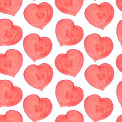 Seamless pattern with red hearts painted in watercolor.