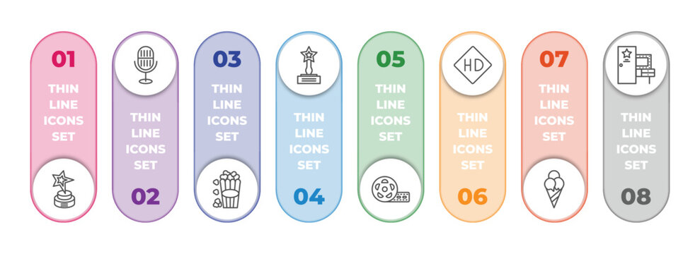 cinema infographic element with outline icons and 8 step or option. cinema icons such as star movie award, movie microphone, popcorn box, trophy with a star, big film roll, hd video, stripped ice