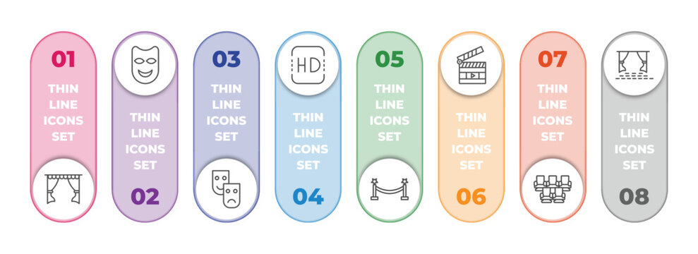 cinema infographic element with outline icons and 8 step or option. cinema icons such as cinema curtains, smile mask, movie theatre, hd, borders, movie clapper open, theatre seats, screen vector.