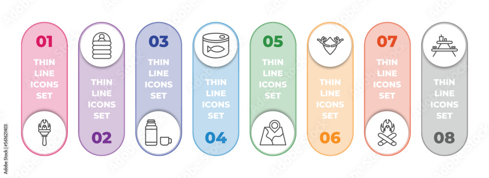 Poster camping infographic element with outline icons and 8 step or option. camping icons such as torch, sl
