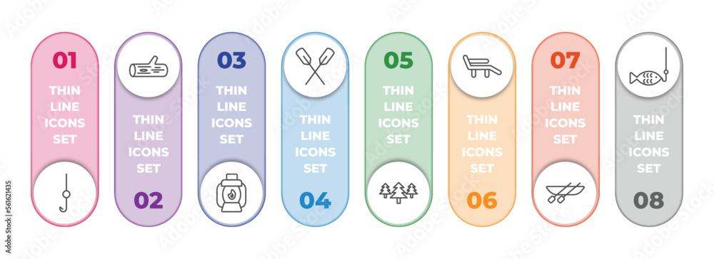 Poster camping infographic element with outline icons and 8 step or option. camping icons such as hook, log