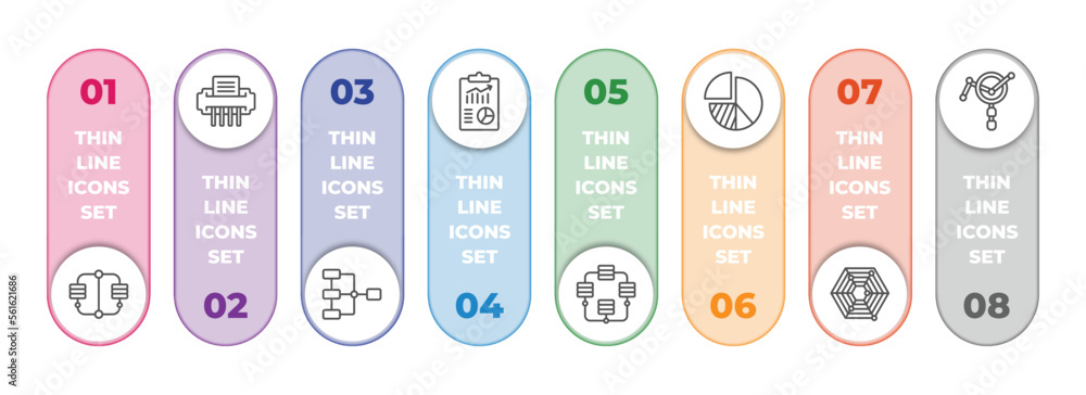 Poster business and analytics infographic element with outline icons and 8 step or option. business and ana