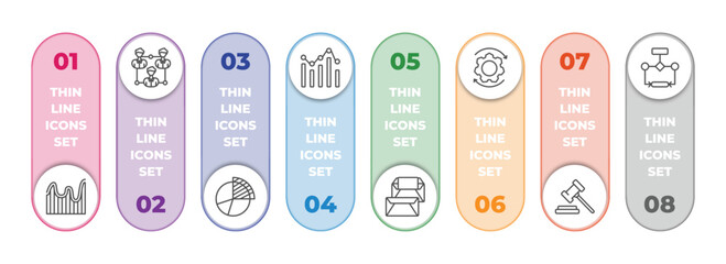 business and analytics infographic element with outline icons and 8 step or option. business and analytics icons such as wave chart, users interconnected, data analysis pie chart, graph,