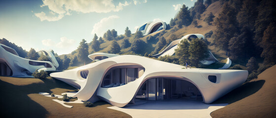 Beautiful futuristic house on the hill. Generative AI