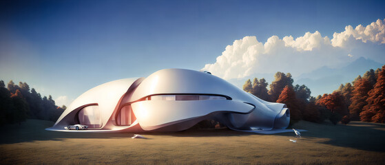 Fototapeta na wymiar Beautiful futuristic house on the hill. Generative AI