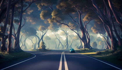 A futuristic road winds through a dense forest in this abstract painting. The use of contrasting colors and bold lines convey a sense of technological advancement and progress. Generative AI - obrazy, fototapety, plakaty