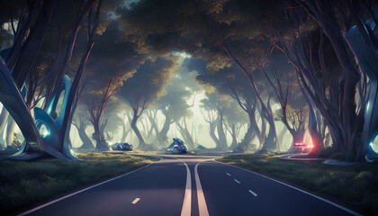 A futuristic road winds through a dense forest in this abstract painting. The use of contrasting colors and bold lines convey a sense of technological advancement and progress. Generative AI - obrazy, fototapety, plakaty