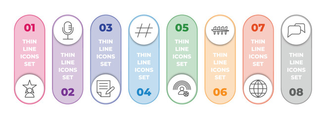 blogger and influencer infographic element with outline icons and 8 step or option. blogger and influencer icons such as fame, microphone, copywriter, hashtag, influencer, counting, web,