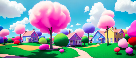 Fototapeta na wymiar Artistic painting of a colorful candy house land, wallpaper