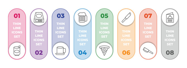 bistro and restaurant infographic element with outline icons and 8 step or option. bistro and restaurant icons such as mermelade tin, electric weight scale, breakfast cup, foamy beer jar, pepperoni