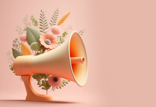 Marketing time concept, realistic 3d megaphone with flowers, loudspeaker on beige background. Spring time illustration. Generative ai