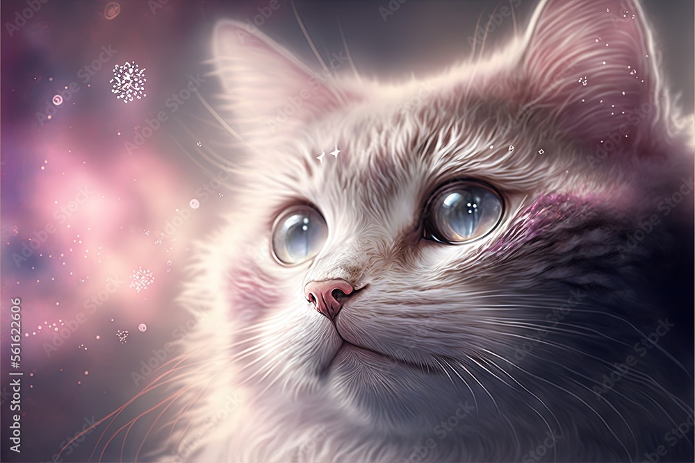 Poster a white cat with blue eyes looking up at something in the sky with stars in the background and a pin