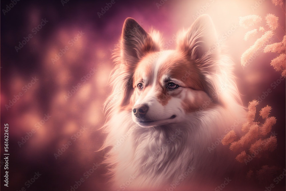 Poster a dog with a blurry background and a red background is shown in the foreground, with a blurry backgr
