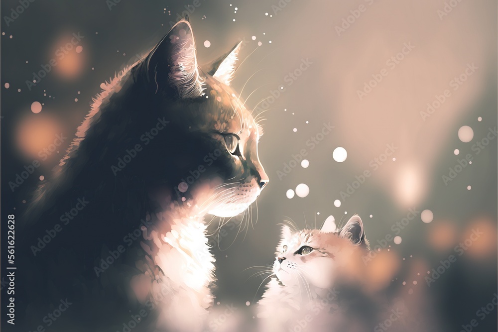 Poster a cat and a kitten are looking at each other in the same direction, with a blurry background behind 