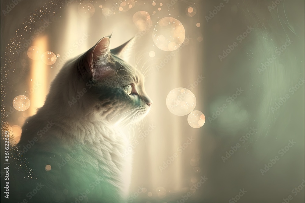 Poster a cat is looking out a window at the light coming through the window and the light is shining on the