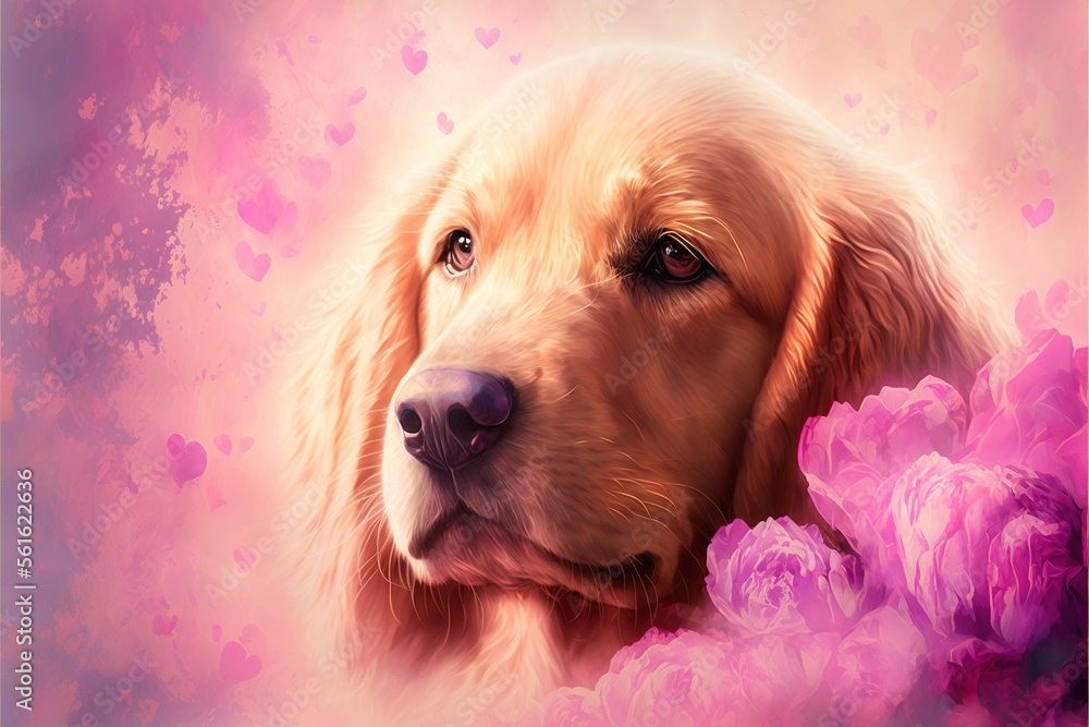 Poster a dog with a pink background and a pink flower in the foreground with a pink background and a pink f