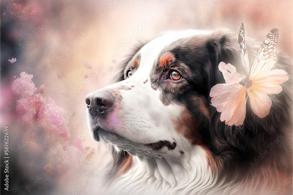Poster a dog with a butterfly on its nose and a flower in its mouth, with a butterfly on its nose, in front
