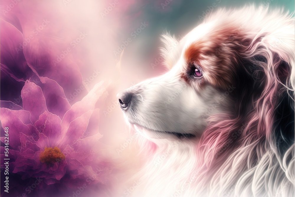 Poster a dog with a pink flower in its mouth and a blurry background behind it is a picture of a dog with a