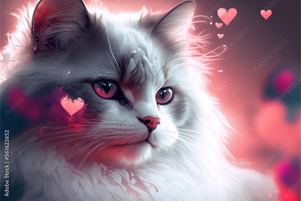 Poster a white cat with red eyes and hearts around it's neck, looking at the camera with a sad look on its 