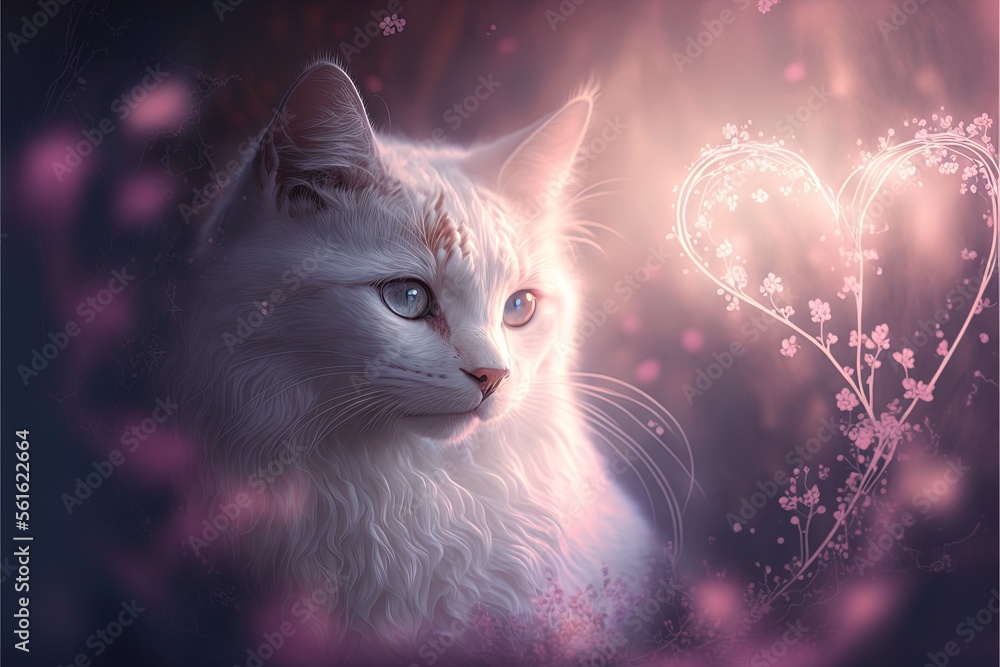 Poster a white cat with blue eyes looking at something in the distance with a heart shaped object in the ba