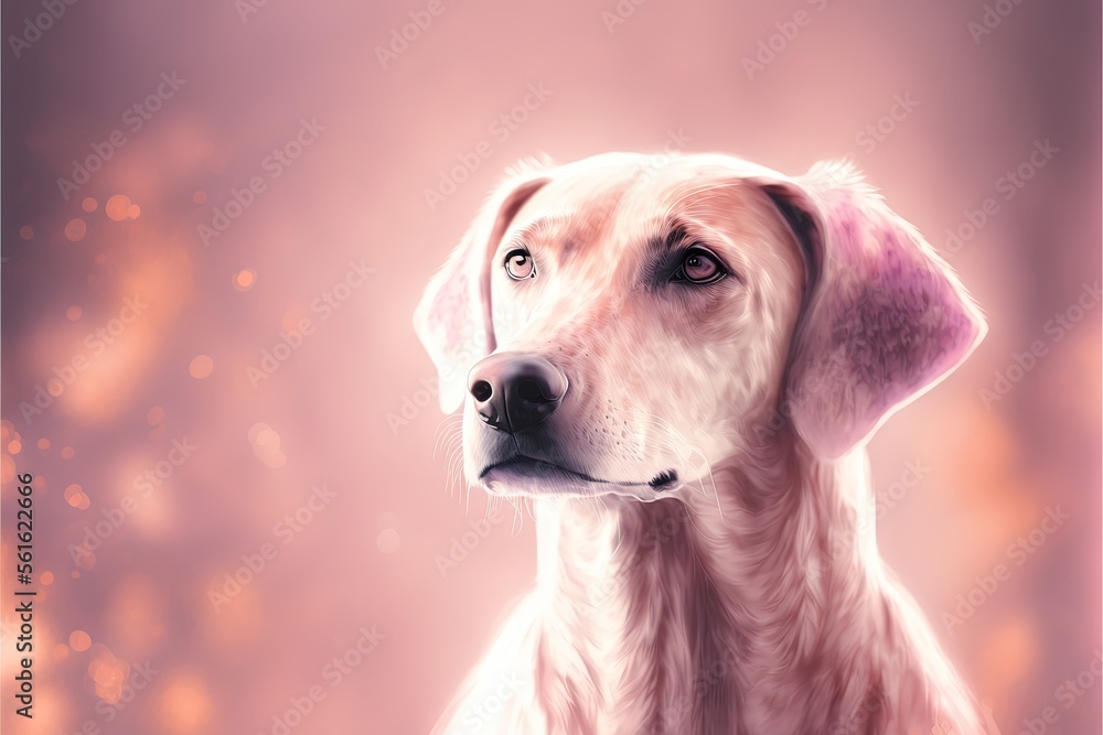 Poster a dog with a pink background and a blurry background is shown in this image of a dog's face and head