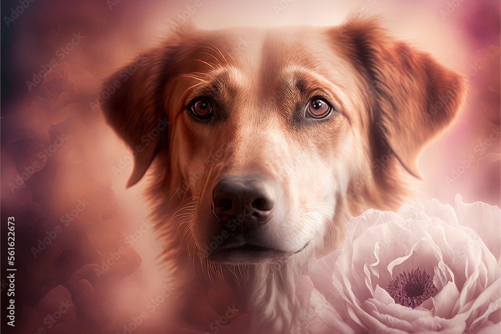 Poster a dog with a flower in its mouth and a pink background with a white flower in the foreground and a p