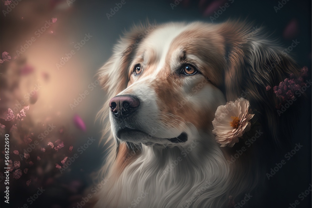 Aufkleber a dog with a flower in its mouth looking at something in the distance with a blurry background of fl