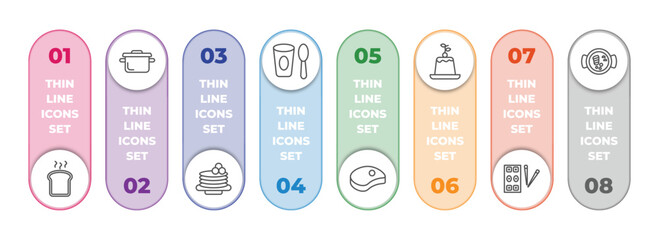 bistro and restaurant infographic element with outline icons and 8 step or option. bistro and restaurant icons such as toasted bread, bistro pot, crepe cream, yogurt with spoon, beef chop, creme