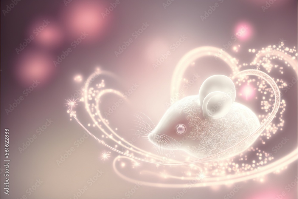 Poster a mouse is sitting in a heart shaped object with sparkling lights around it and a pink background wi