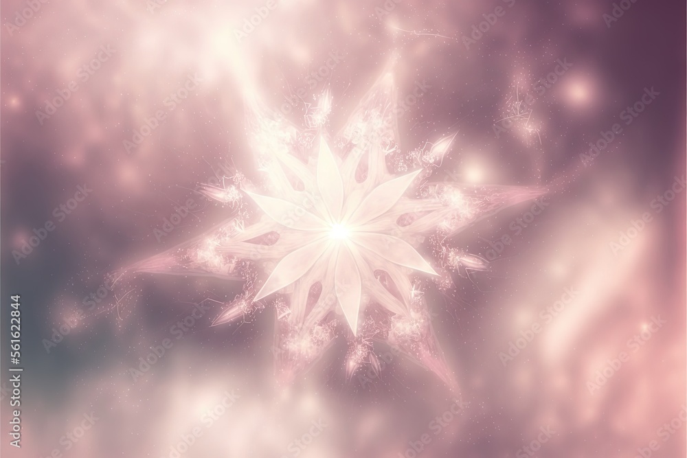 Poster a pink and white snowflake is shown in the sky with stars in the background and a pink and white bac