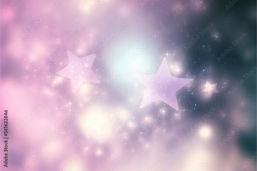 Poster a blurry background with stars in the sky and a light shining through the center of the image, with 