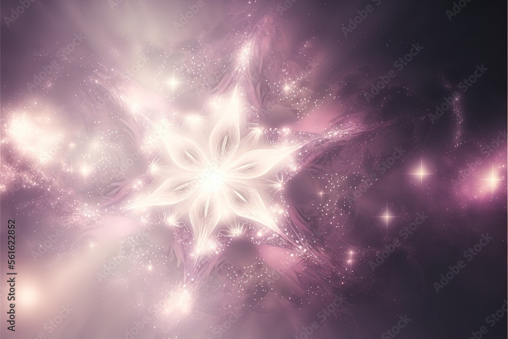 Poster a computer generated image of a star cluster in purple and white colors with stars in the background