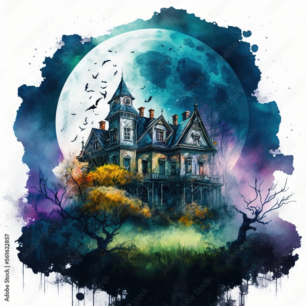 Poster a painting of a house with bats flying around it and a full moon in the background with a spooky sky