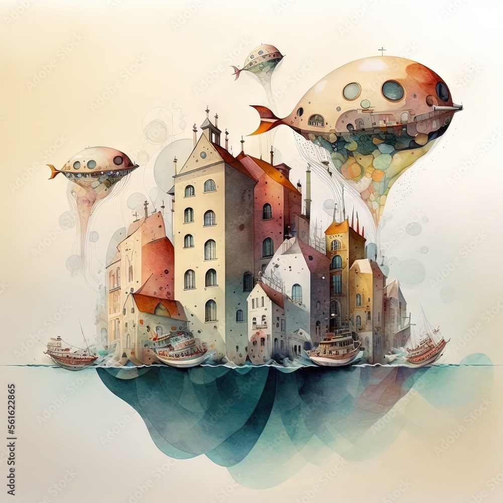 Poster a painting of a floating city with a lot of fish and buildings on it's surface, with a sky backgroun