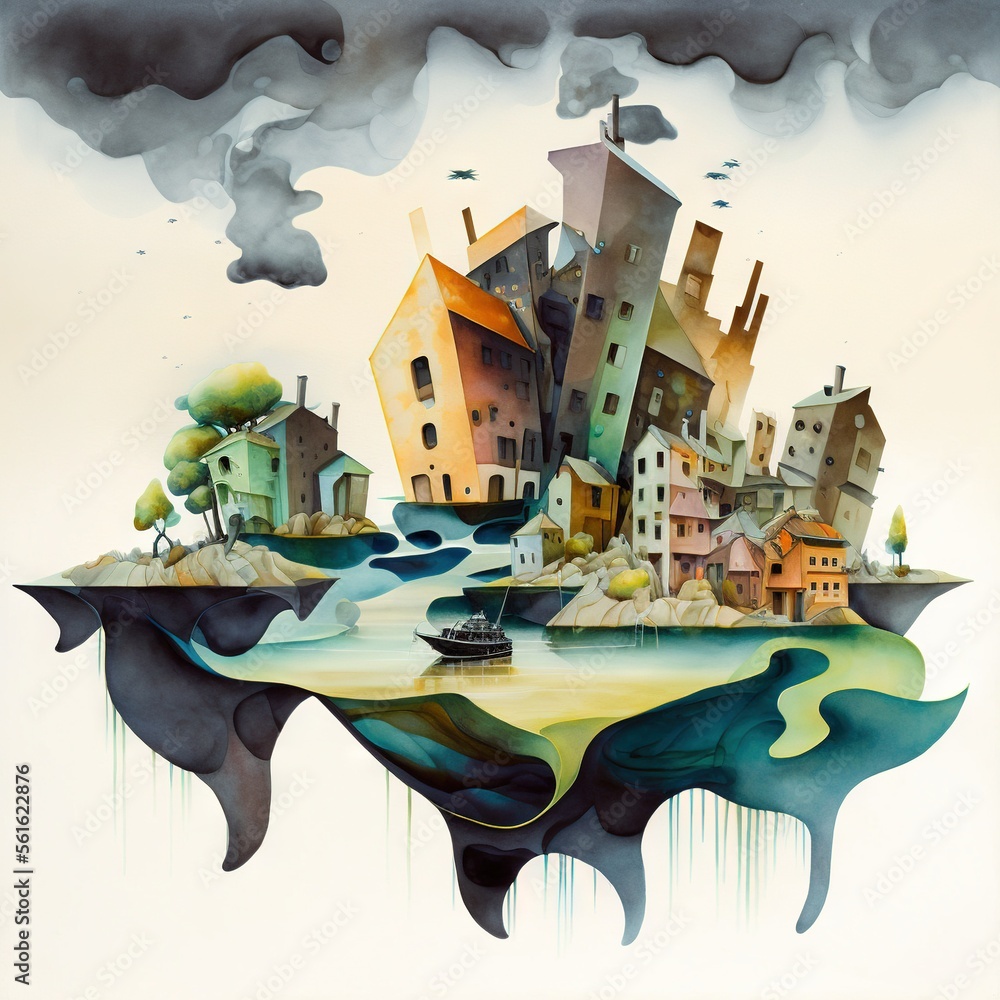 Poster a painting of a city on a floating island with a boat in the water and smoke billowing from the buil