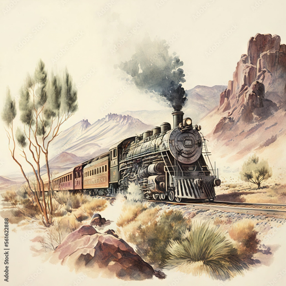 Aufkleber a painting of a train traveling through a mountainous area with trees and rocks in the foreground an