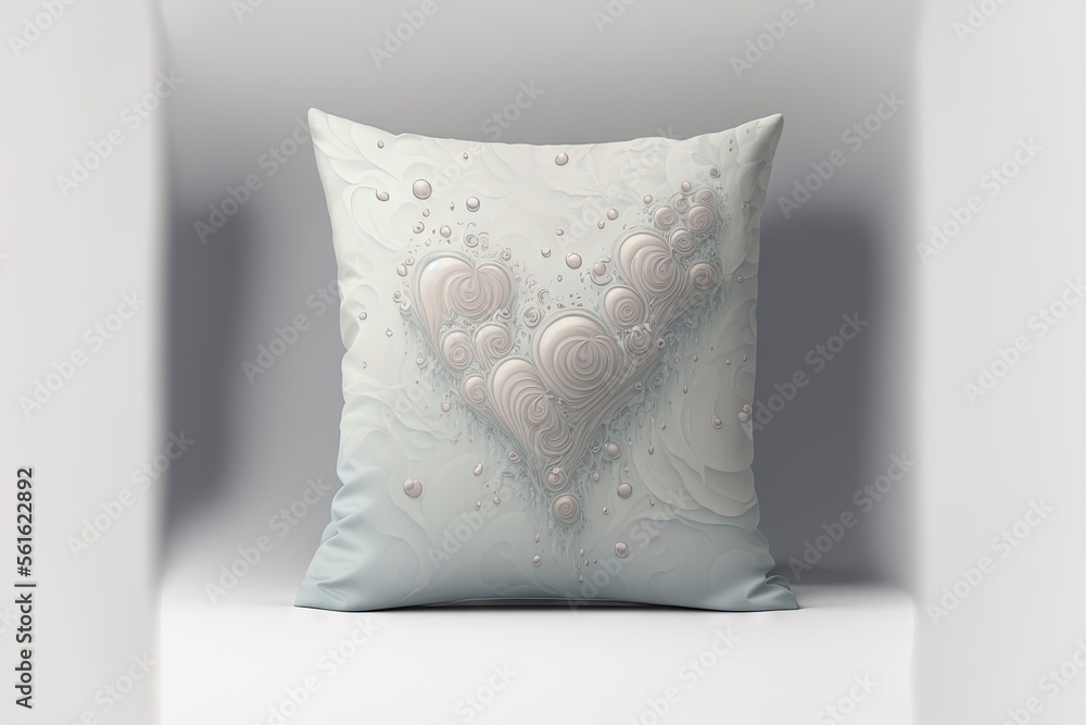 Aufkleber a white pillow with a heart on it on a shelf in a room with white walls and a white chair with a whi