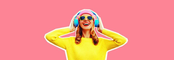 Portrait of happy smiling young woman in headphones listening to music wearing colorful yellow...