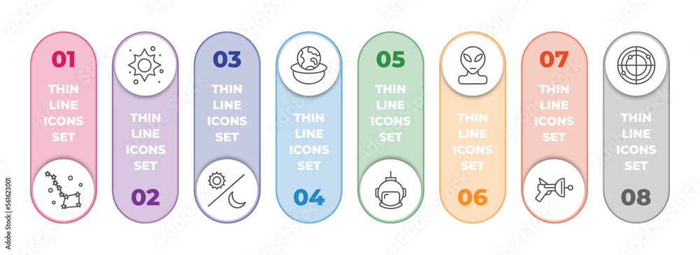 Poster astronomy infographic element with outline icons and 8 step or option. astronomy icons such as ursa 