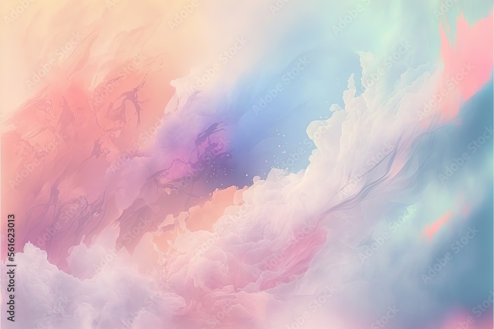 Poster a painting of a sky with clouds and a blue sky with clouds and a pink sky with clouds and a blue sky