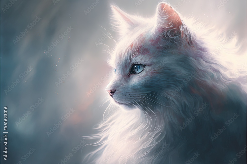 Poster a white cat with blue eyes staring ahead in a painting style with a blurry background of clouds and 