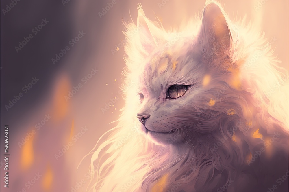 Poster a white cat with a yellow background and a blurry background with a yellow light coming from the top