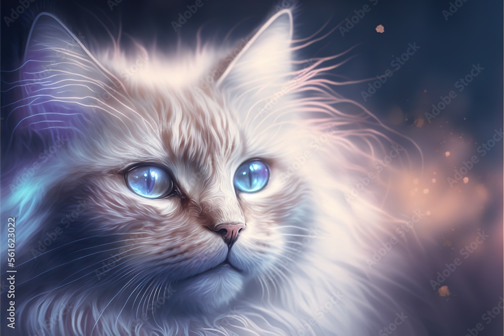 Aufkleber a white cat with blue eyes looking at the camera with a blurry background of stars in the sky behind