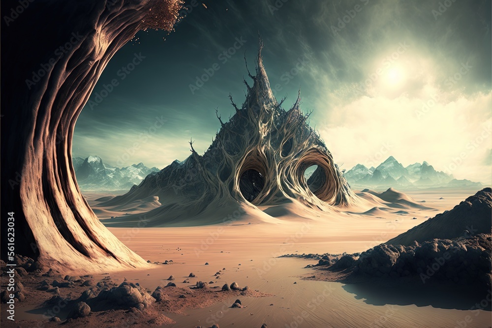 Poster a strange looking building in the middle of a desert area with a sky background and a mountain in th