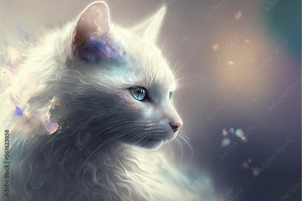 Poster a white cat with blue eyes and a butterfly on its head is staring at something in the distance with 