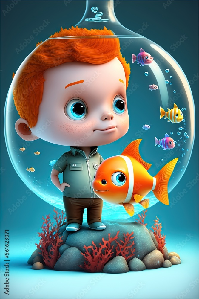 Poster a boy is standing in front of a fish bowl with a fish inside of it and a fish in the bowl behind him